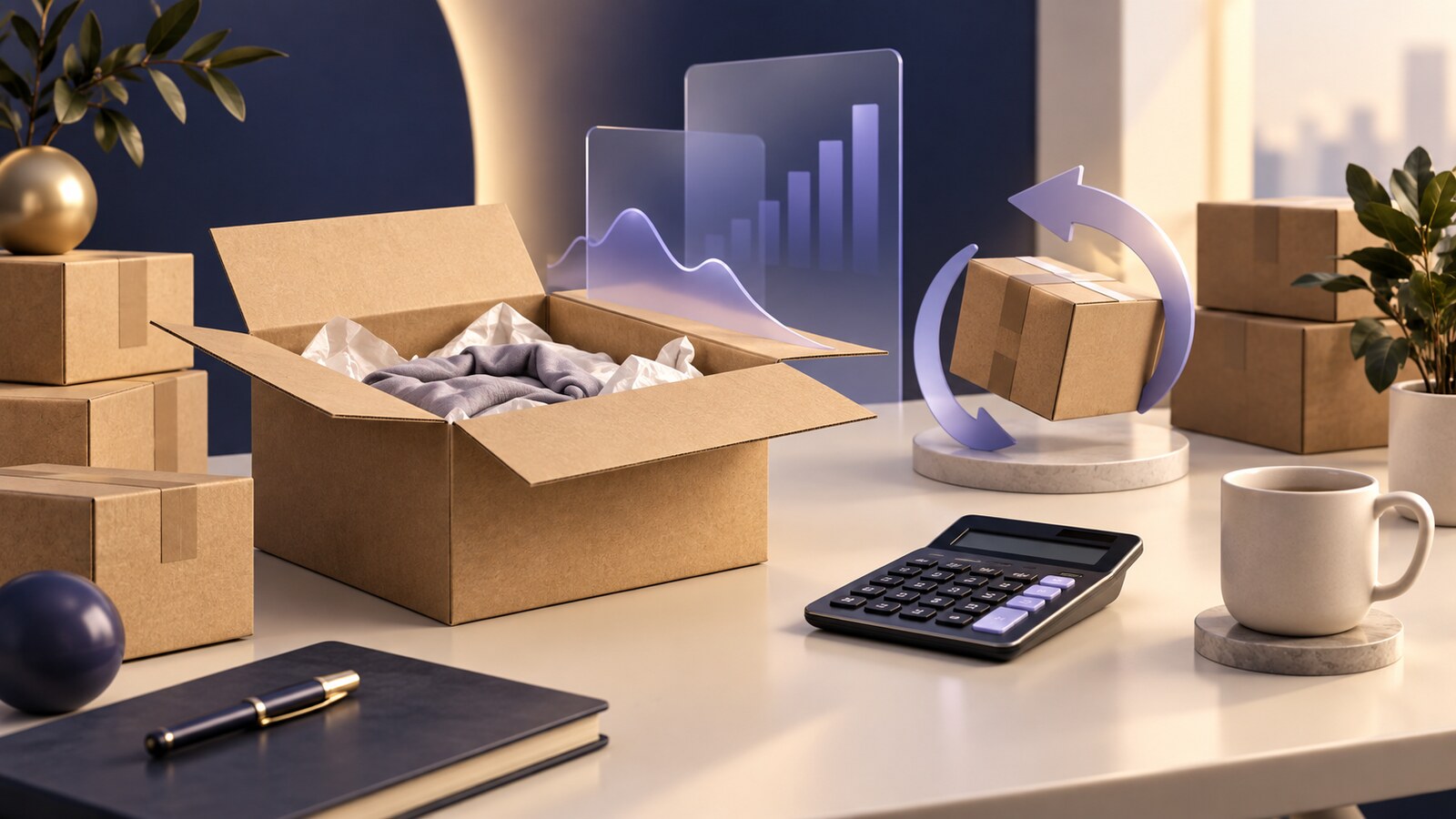 Ecommerce parcels, returns workflow, calculator and abstract performance charts