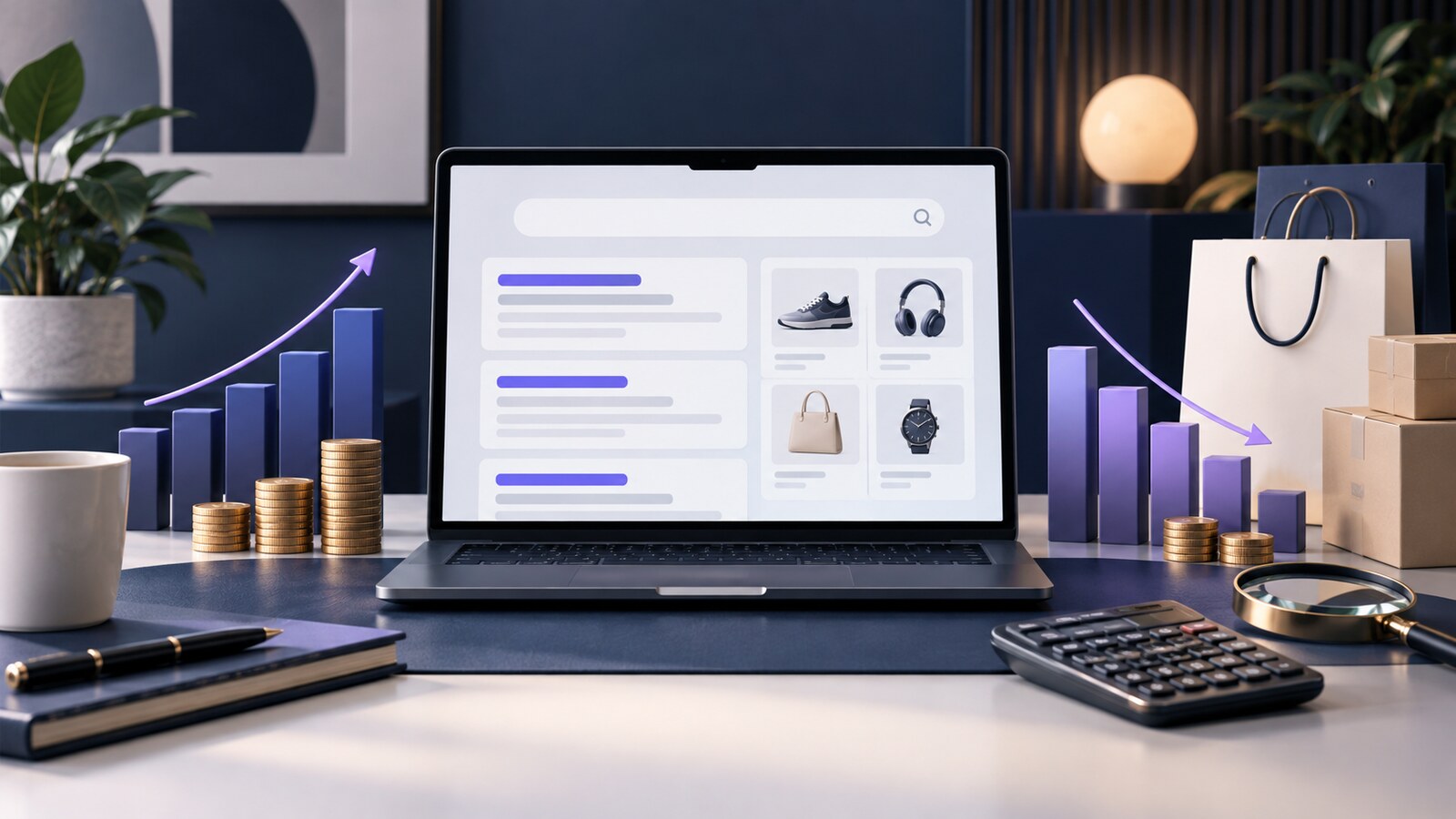 Unbranded search advertising dashboard, shopping parcels, calculator and performance charts