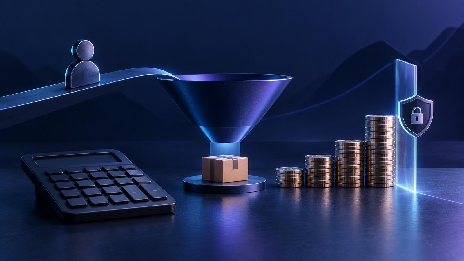 Calculator, customer funnel, parcel and guarded coin threshold illustrating maximum CPA