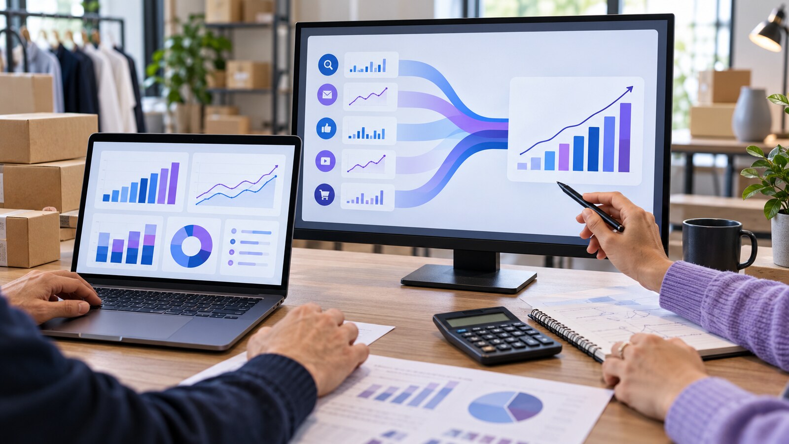 Ecommerce marketing team comparing blended business performance with channel-level advertising charts