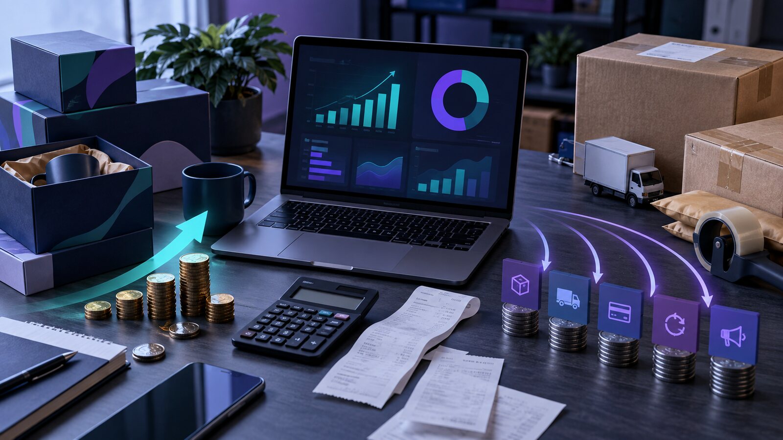 Ecommerce desk with calculator, parcels, receipts and abstract advertising performance charts