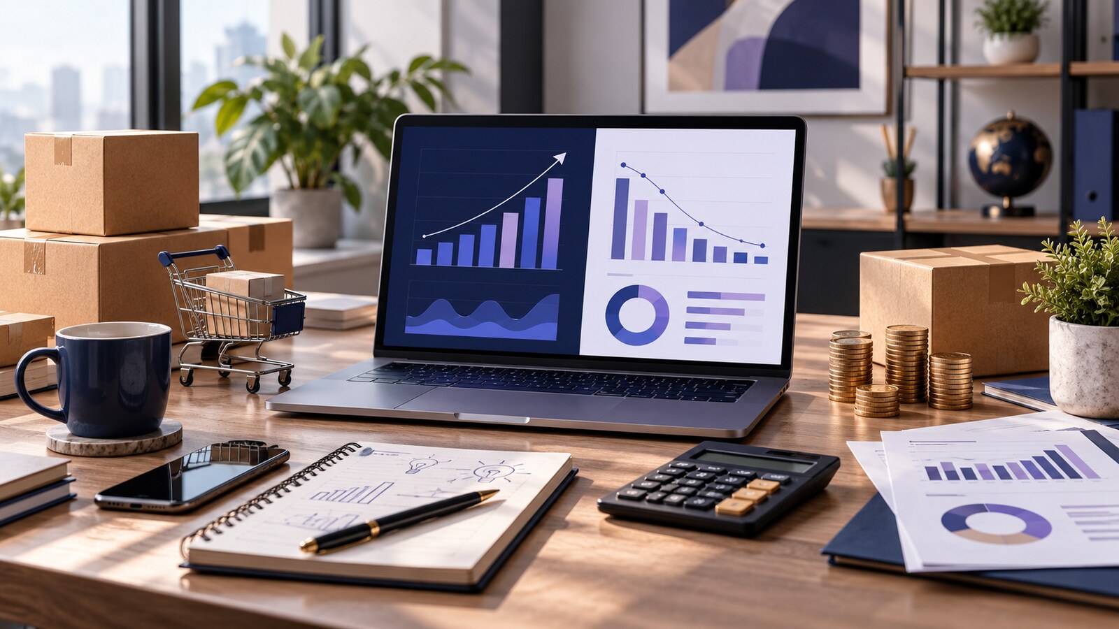 Ecommerce advertising workspace comparing revenue efficiency and acquisition cost performance