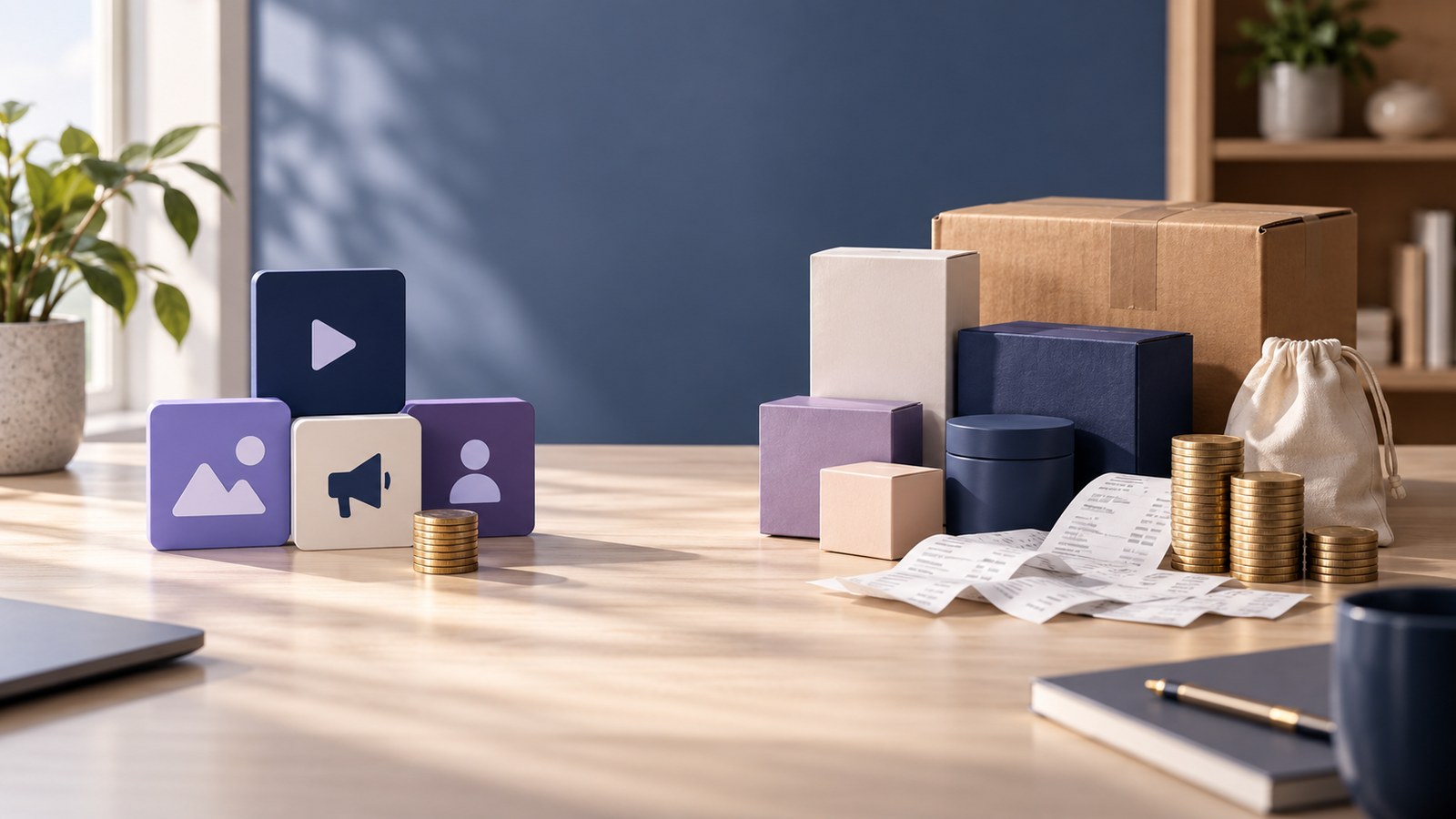 Two unbranded desk arrangements comparing advertising activity with product and fulfillment costs