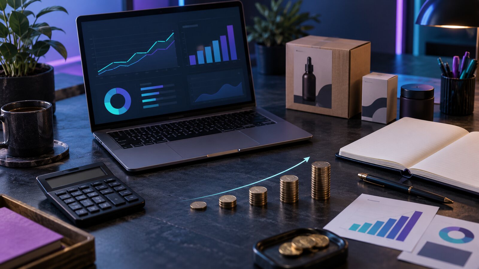 Performance marketing desk with calculator, products and abstract profit-target charts