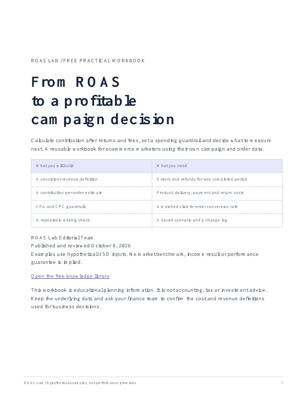 ROAS Profitability Workbook cover showing the calculation and planning topics
